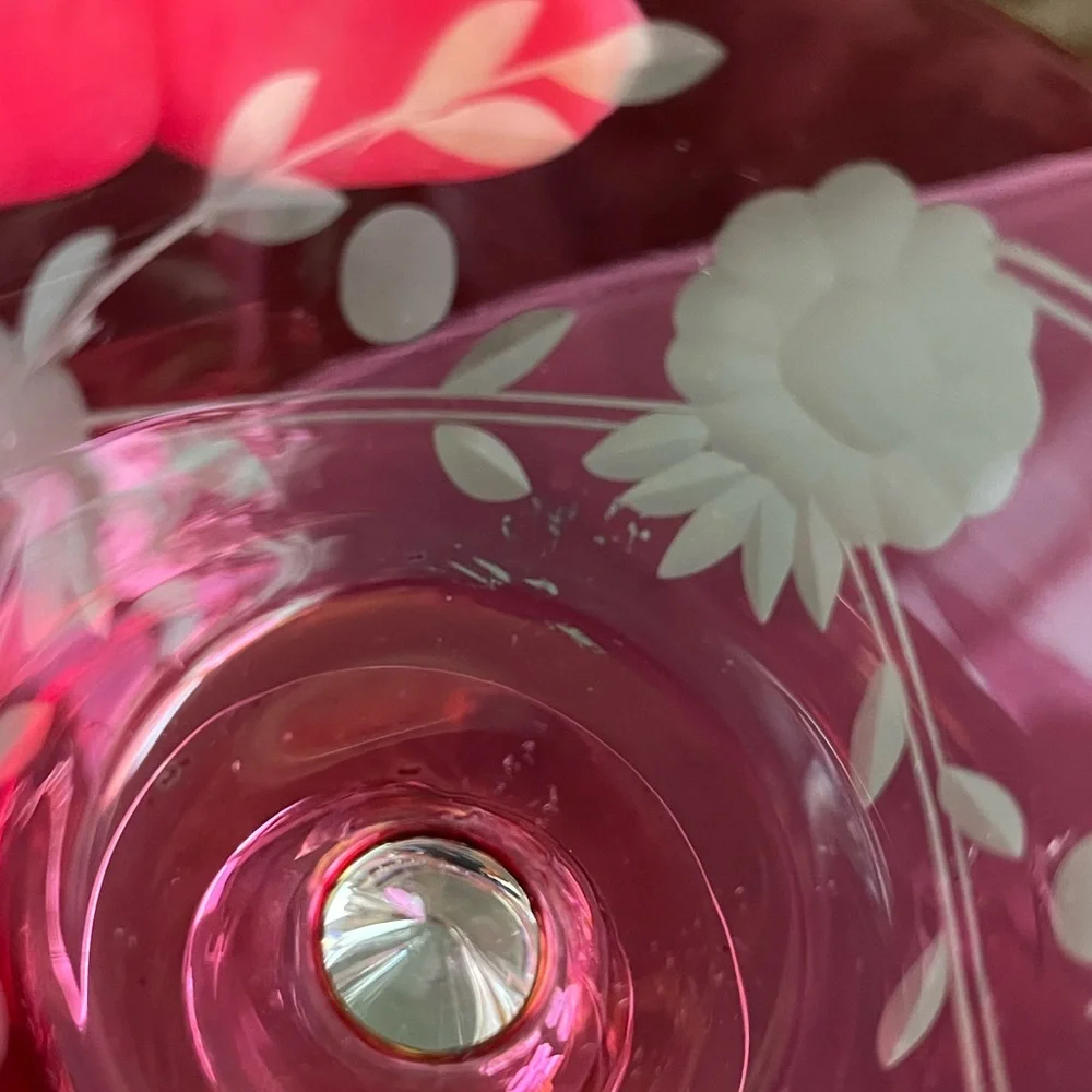 Glastonbury Lotus Cranberry champagne glasses.  Vintage 1920’s era,flashed cut‎